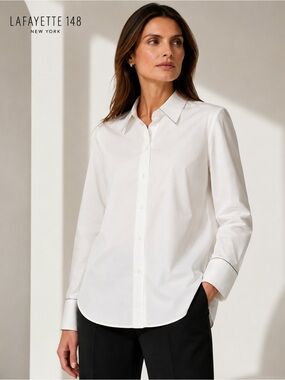 LAFAYETTE 148 NEW YORK WHITE SHIRT SILVER BEAD TRIM FOR NEIMAN MARCUS SZ 8